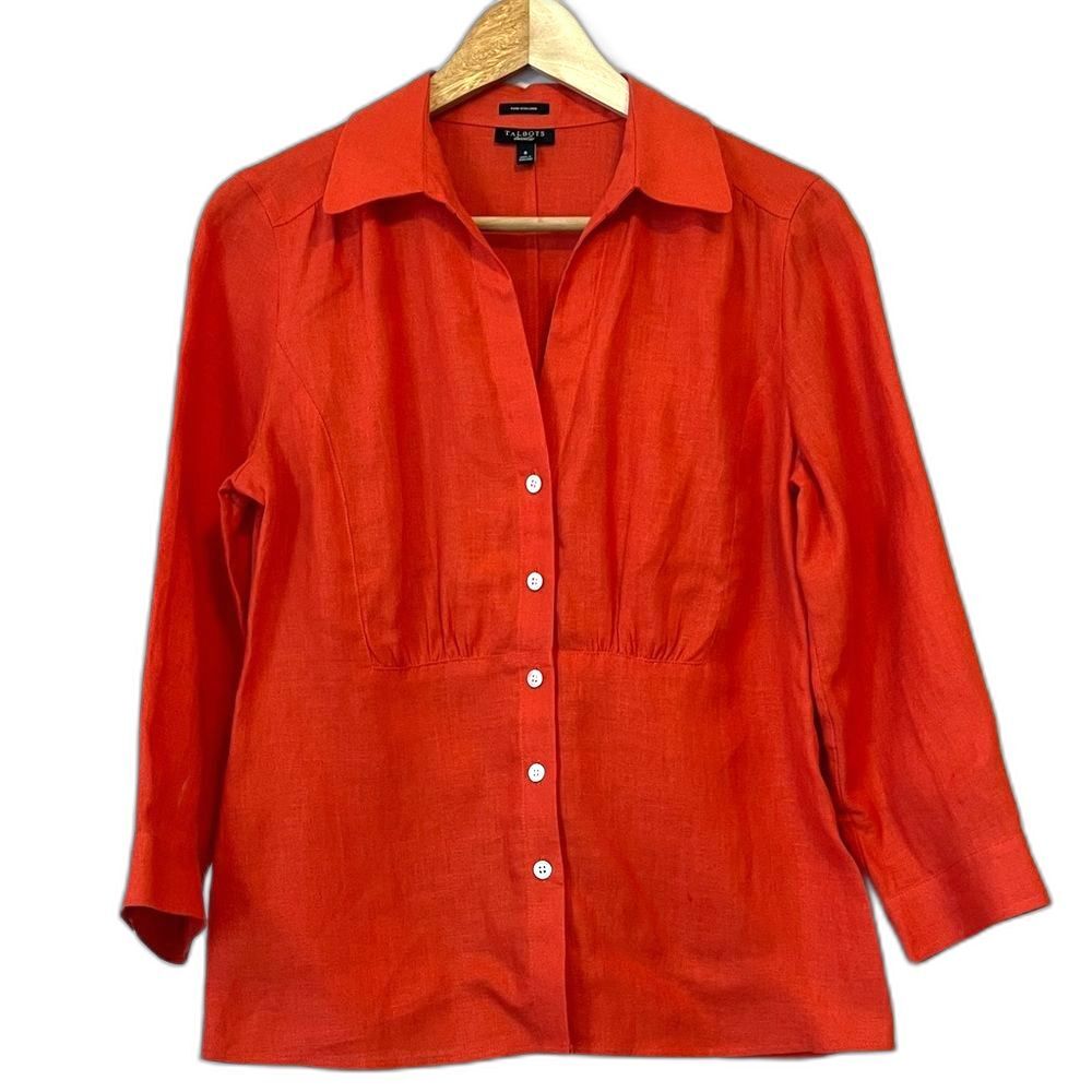 Talbots 100% Linen Button Down V Neck Blouse Sz 6 Blood Orange Preppy Summer